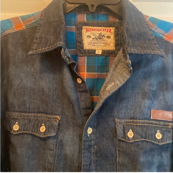 Winchester Shirt Jacket Mens Large Blue Denim Orange Plaid Acid Wash
Western - Picture 3 of 7